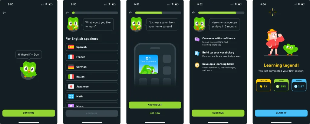 Duolingo onboarding screens